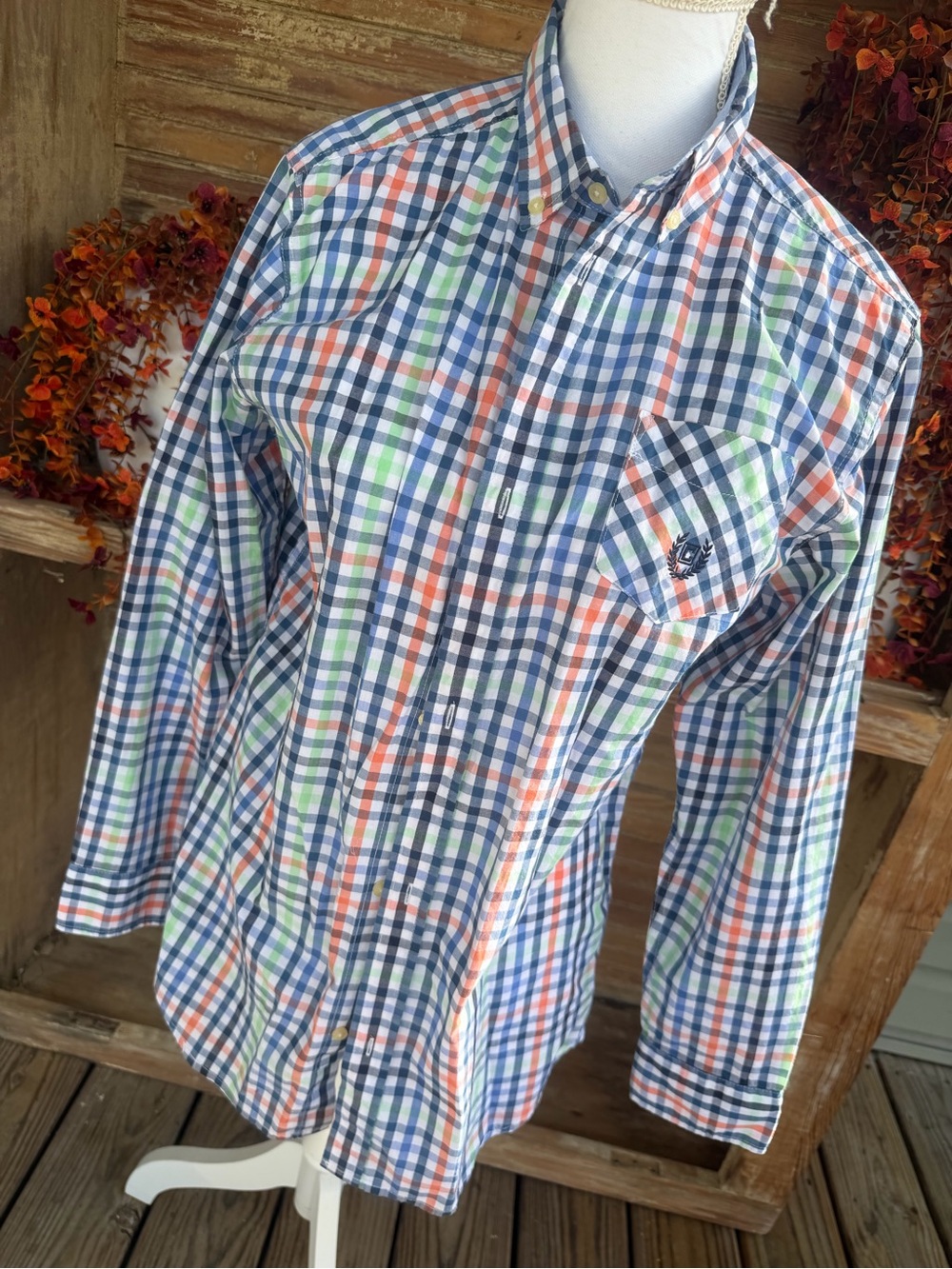 Chaps Men's Plaid Button-Down Shirt in Blue, Orange & Green